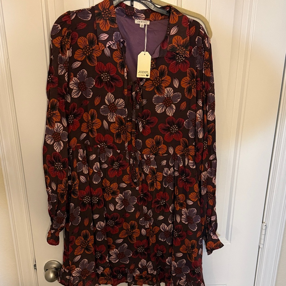 JODIFL Long-Sleeve Floral Tiered Dress in Plum with Orange & Red Blossoms